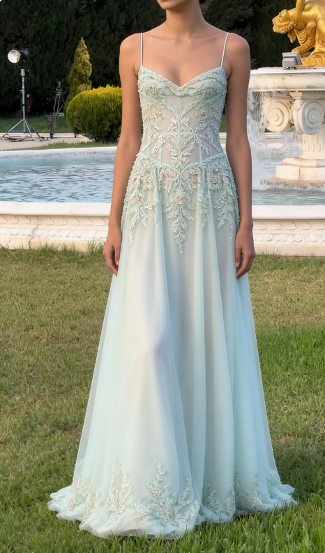 Baby Blue A Line Straps Exquisite Beaded Tulle Prom Dress Wedding Guest Dress SH5351