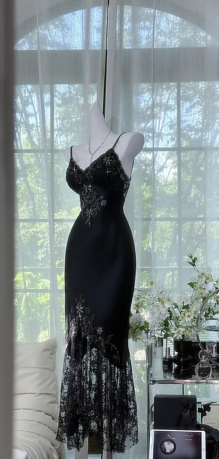 Sexy Black Mermaid Spaghetti Strap Beaded Lace Chiffon Evening Dress Party Dress SH3727