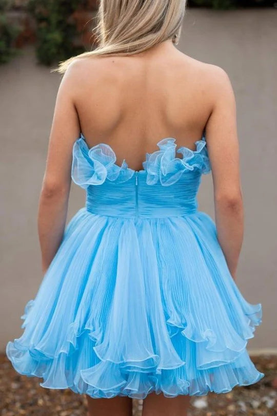 Light Blue Strapless Pleated Tulle Short Homecoming Dress with Ruffles SH7802