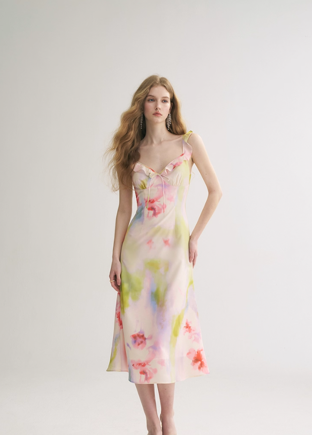 Dreamy A Line V Neck Print Floral Chiffon Summer Dress Party Dress Outfits SH4173