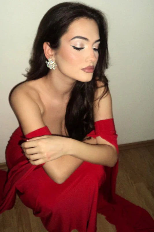 Sexy Sheath Strapless Red Satin Long Prom Dress Evening Dress SH7192