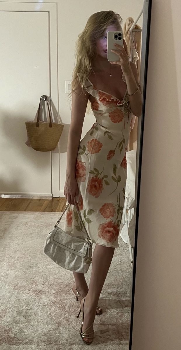 Gentle Sheath Straps Printed Floral Chiffon Tea Length Vacation Dress Outfits SH4517