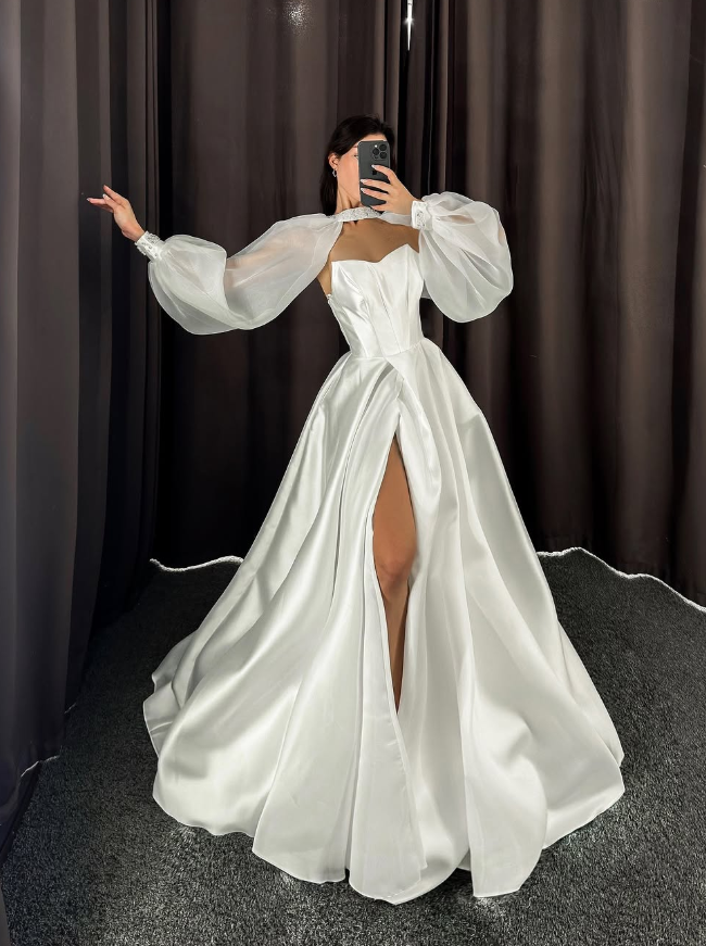Pretty A Line Long Sleeve White Tulle Satin Wedding Dress with Slit SH6183