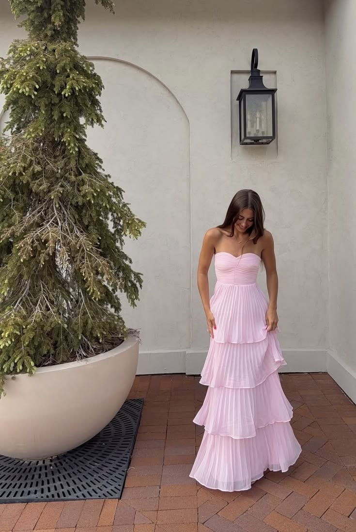 Pink A Line Sweetheart Neck Layered Chiffon Long Prom Dress Date Dress SH7022