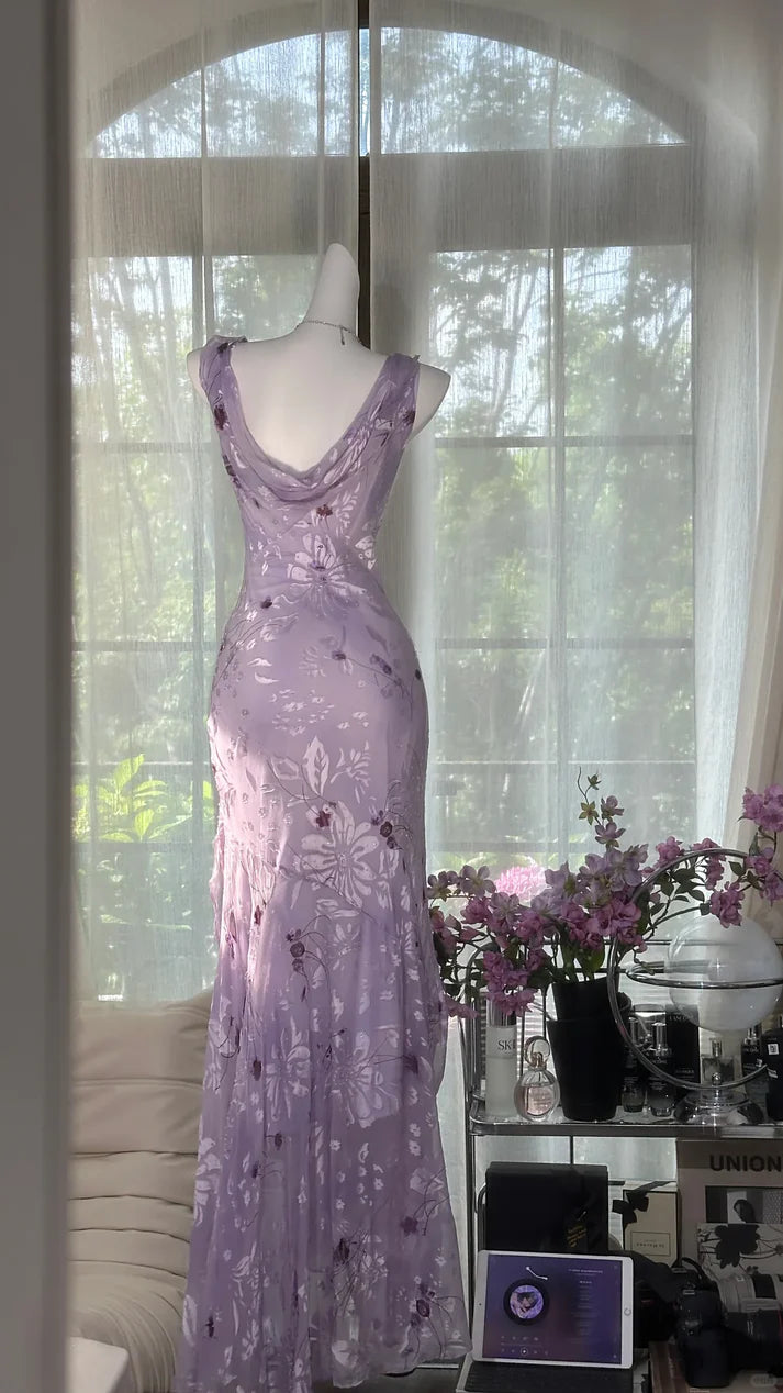 Gentle Retro Mermaid Straps Print Floral Purple Satin Prom Dress Formal Dress SH4021