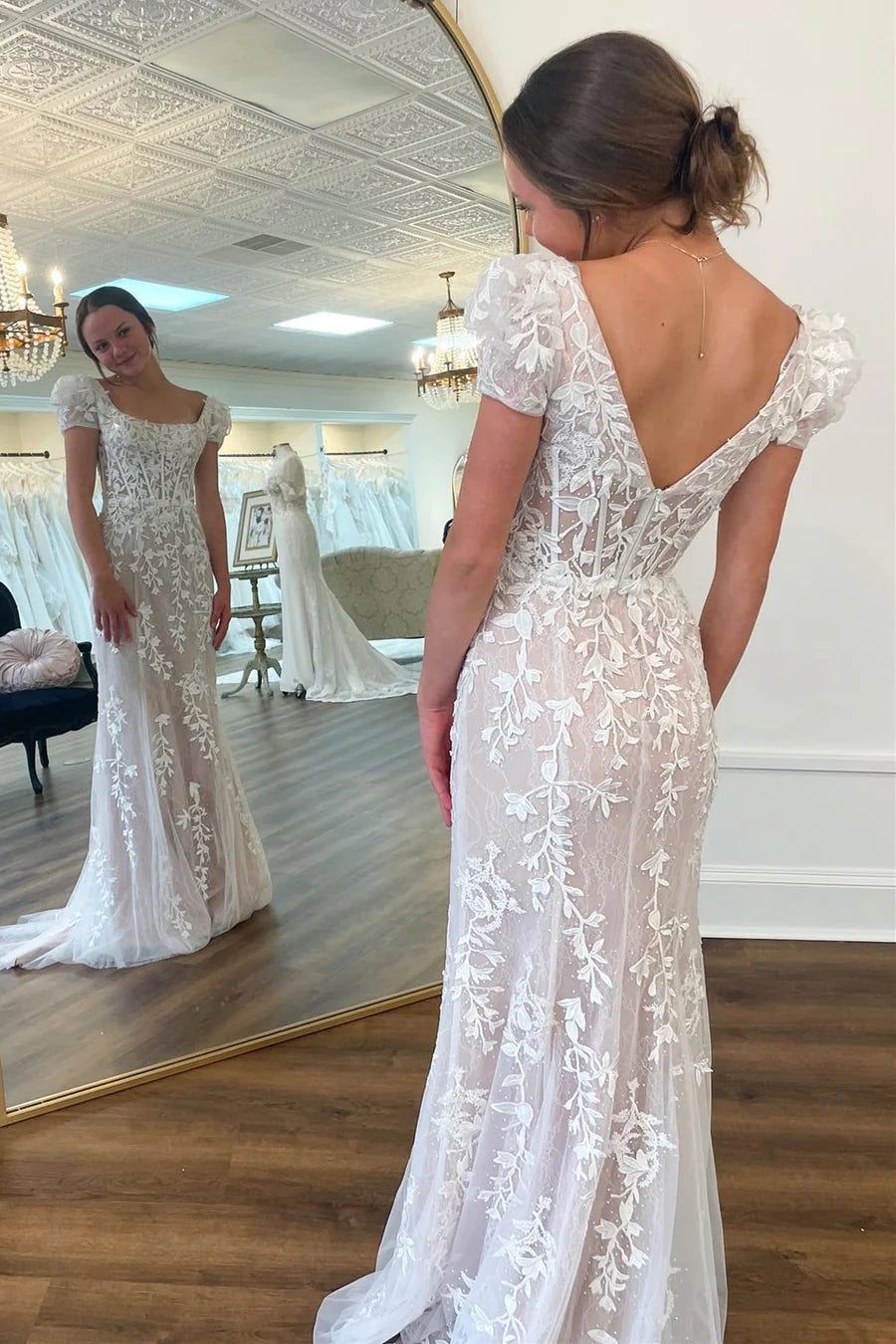Ivory Square Neck Puff Sleeves Appliques Tulle Long Prom Dress SH1646