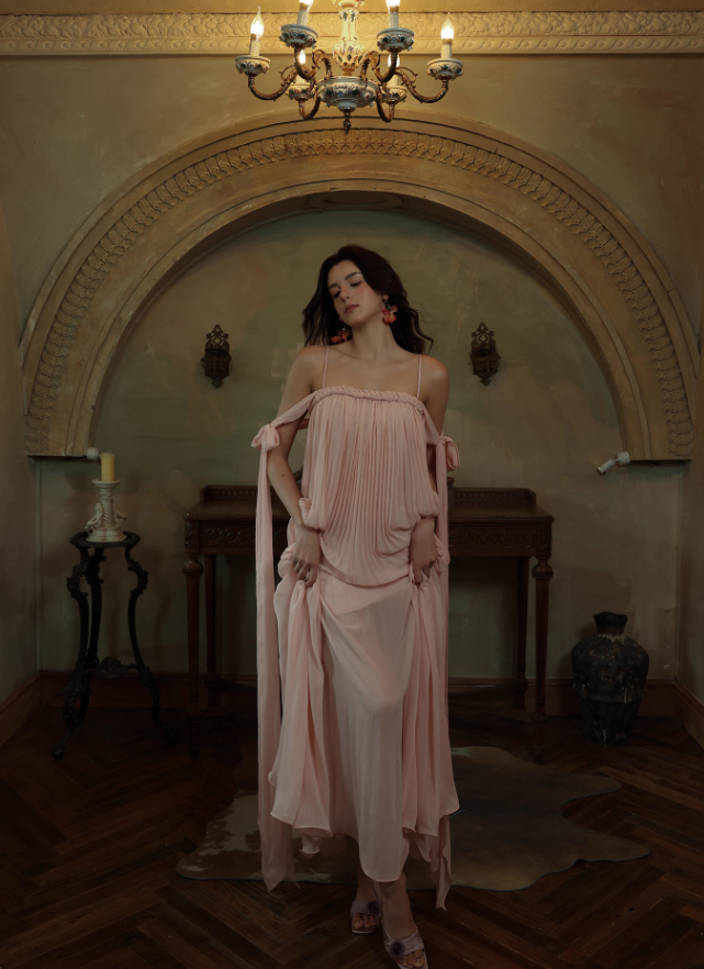 Gentle A Line Spaghetti Strap Pleated Light Pink Chiffon Prom Dress Formal Dress SH4170