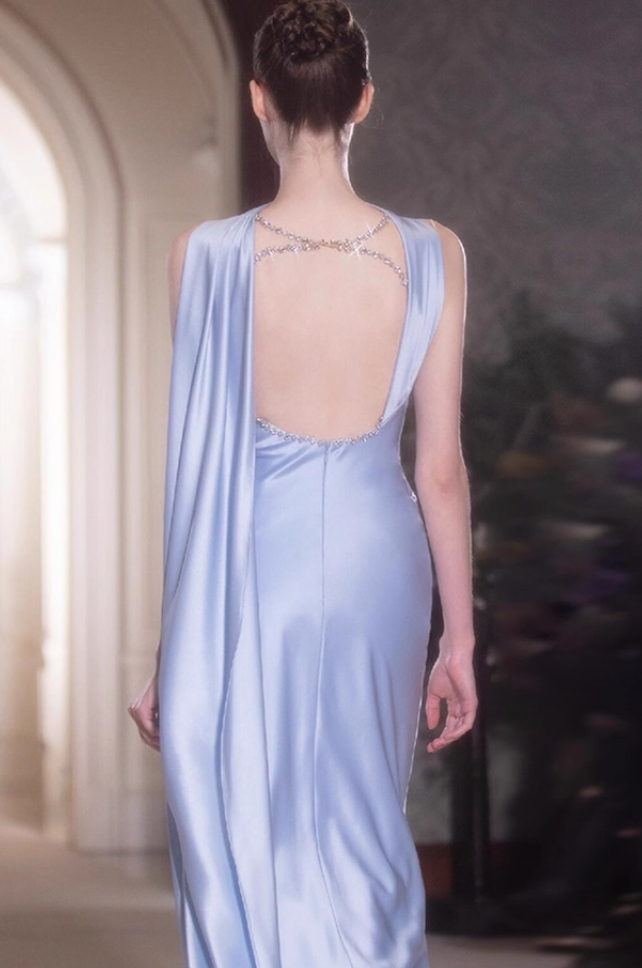 Elegant Sheath Beaded Lilac Satin Open Back Prom Dress Party Dress SH4078