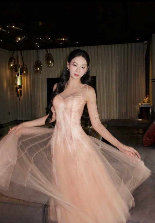 Pretty A Line Spaghetti Straps Floral Flowy Tulle Long Prom Dress Graduation Prom Dress SH5299