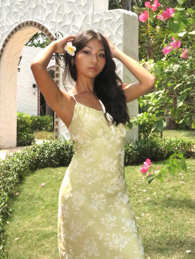 Cute Yellow A Line Spaghetti Strap Print Floral Satin Prom Dress Wedding Guest Dress SH4388
