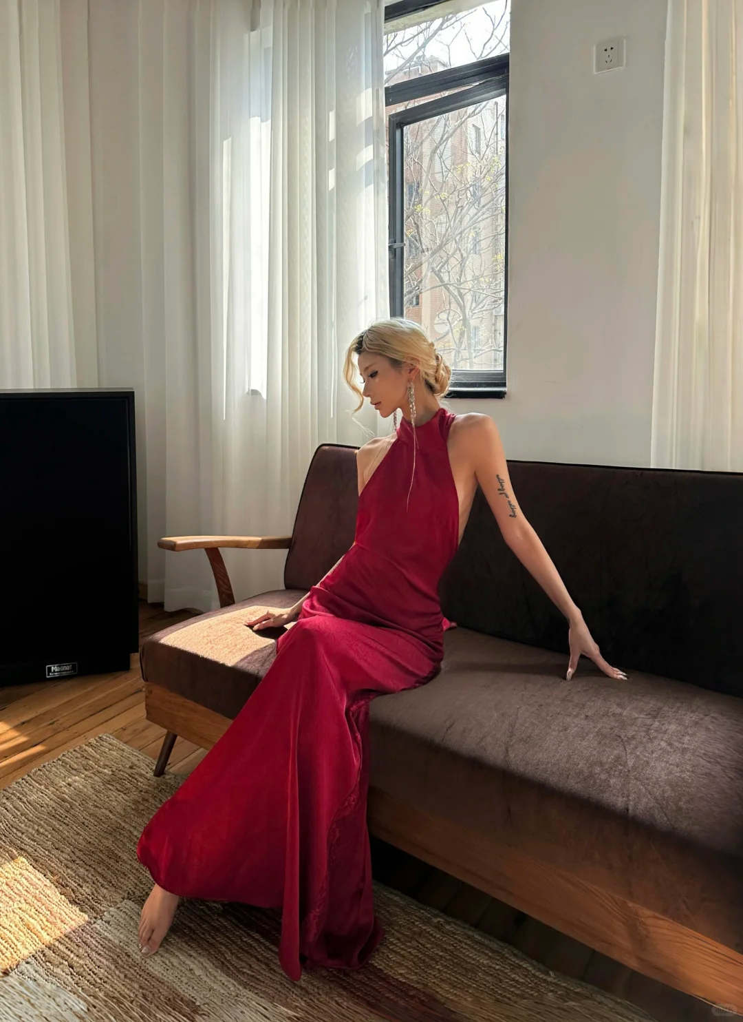 Sexy Burgundy A Line Halter Lace Satin Open Back Prom Dress Wedding Guest Dress SH4465
