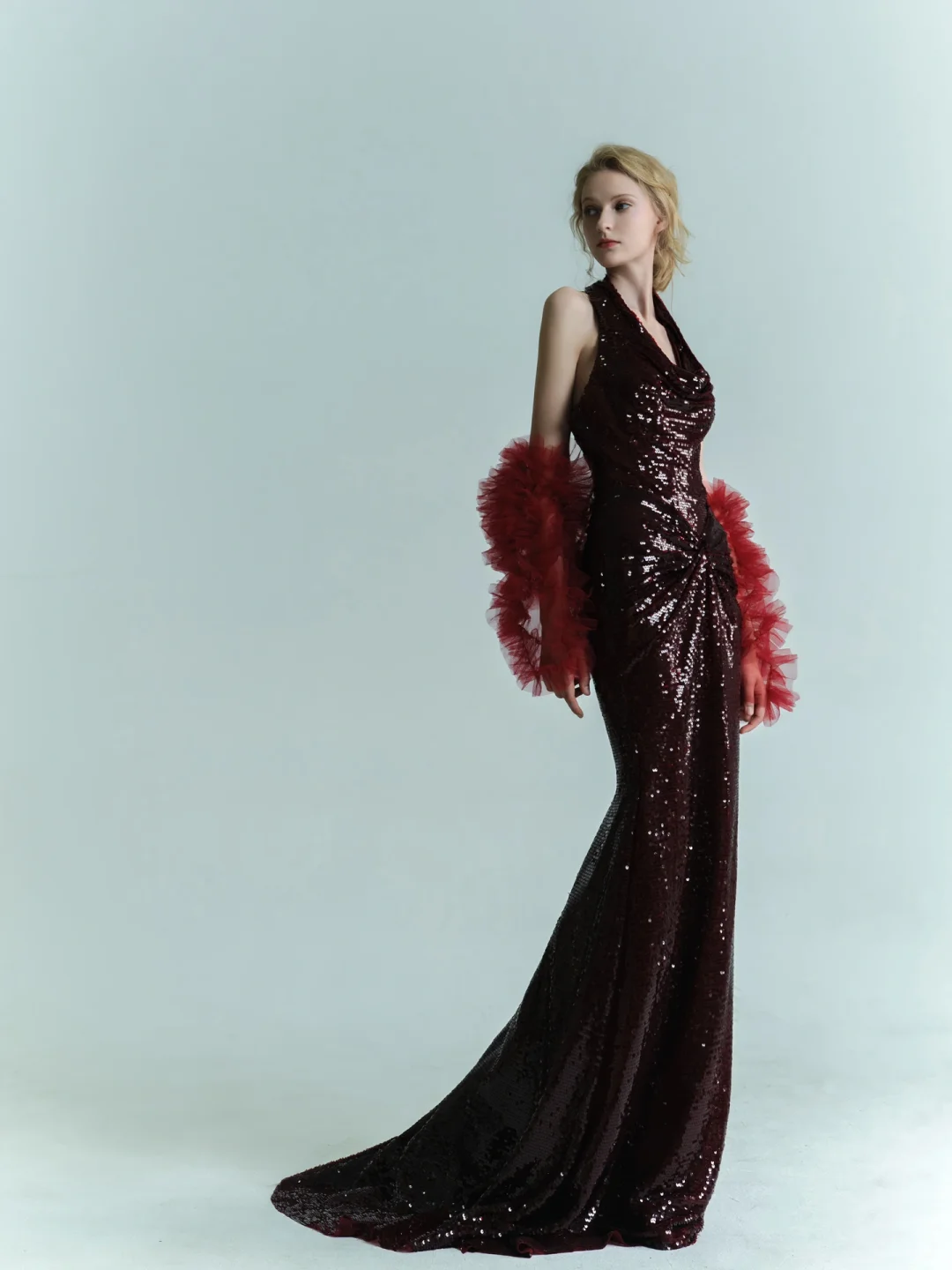 Imperial Burgundy Mermaid Halter Sequin Long Sweep Prom Dress Evening Dress SH4223