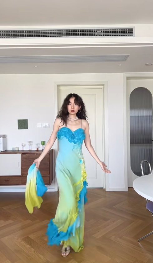 Vintage Sheath Spaghetti Strap Ruffle Yellow Blue Ombre Chiffon Prom Dress Wedding Guest Dress SH4550