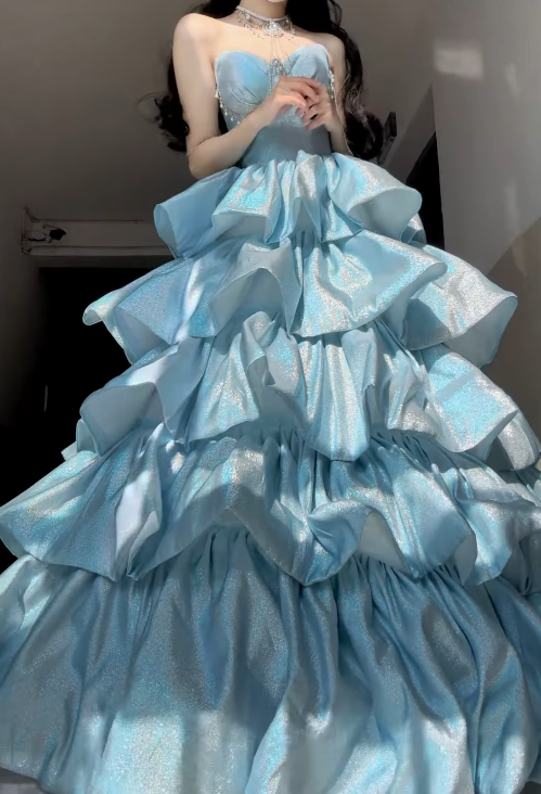 Dreamy Blue Ball Gown Sweetheart Neck Layered Sequin Prom Dress SH4571