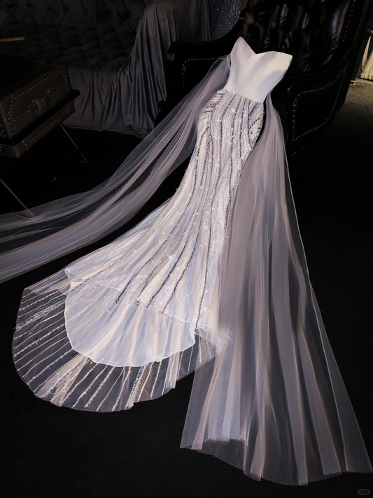 White Mermaid Sweetheart Neck Sequin Satin Tulle Party Dress Evening Dress SH3373