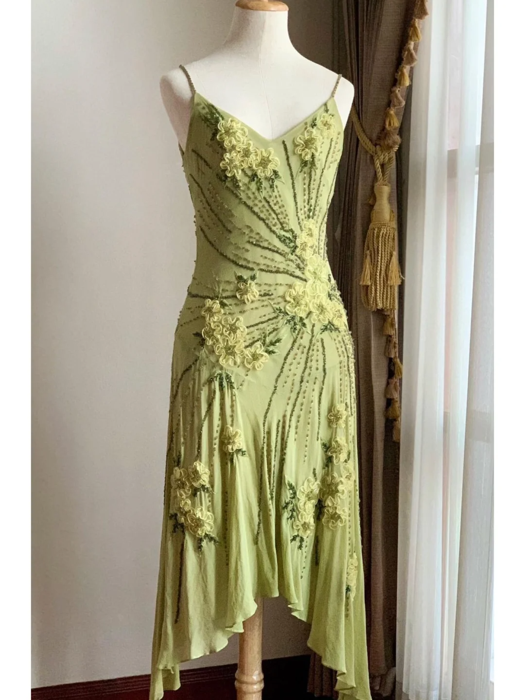 Vintage Mermaid Spaghetti Strap Beaded Flower Chiffon Party Dress Evening Dress SH3344