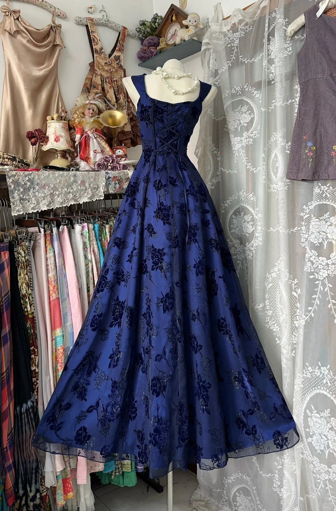 Blue Vintage A Line Straps Print Rose Tulle Satin Long Prom Dress SH5251