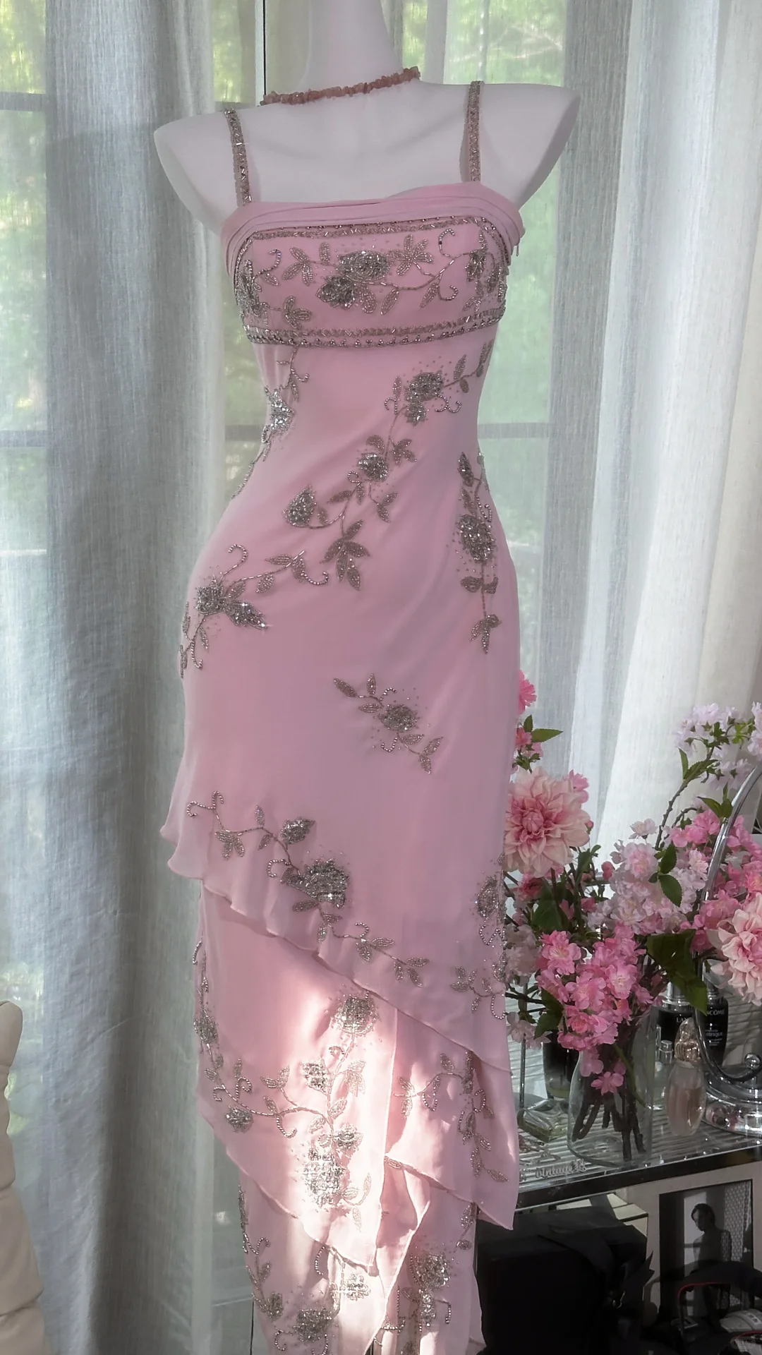 Vintage Pink Sheath Spaghetti Strap Beaded Layered Chiffon Prom Dress 22th Birthday Dress SH4413