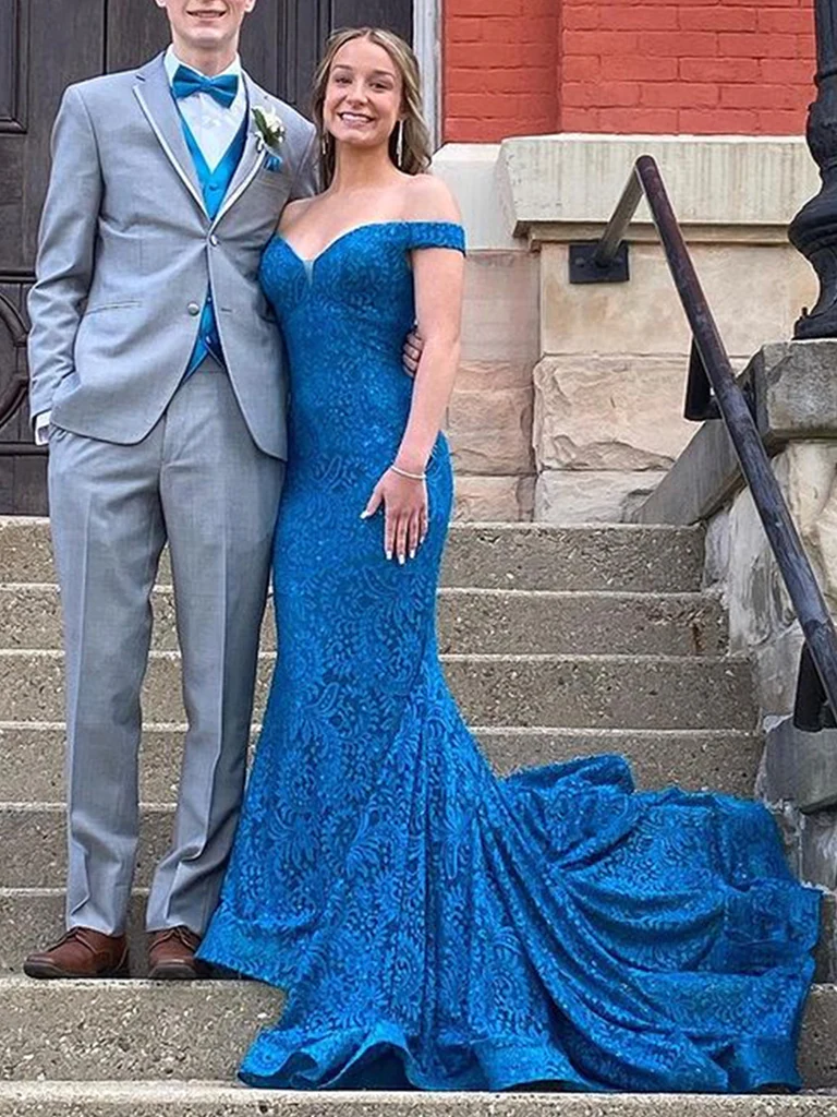 Off Shoulder Blue Mermaid Lace Long Evening Dresses,Formal Prom Dress SH639