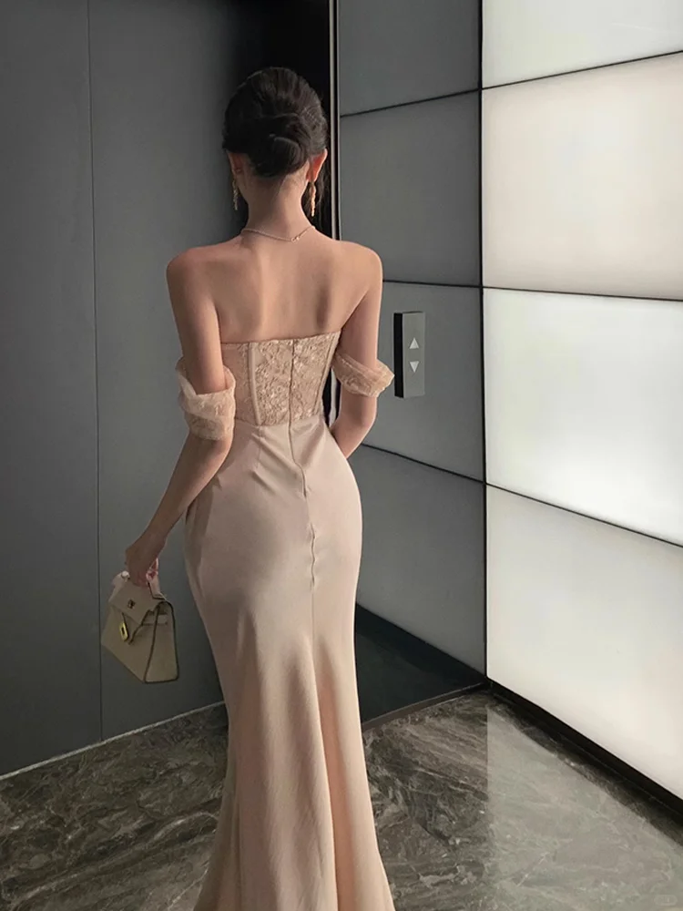 Elegant Mermaid Off the Shoulder Apricot Lace Satin Prom Dress Evening Dress Formal Gown SH3923