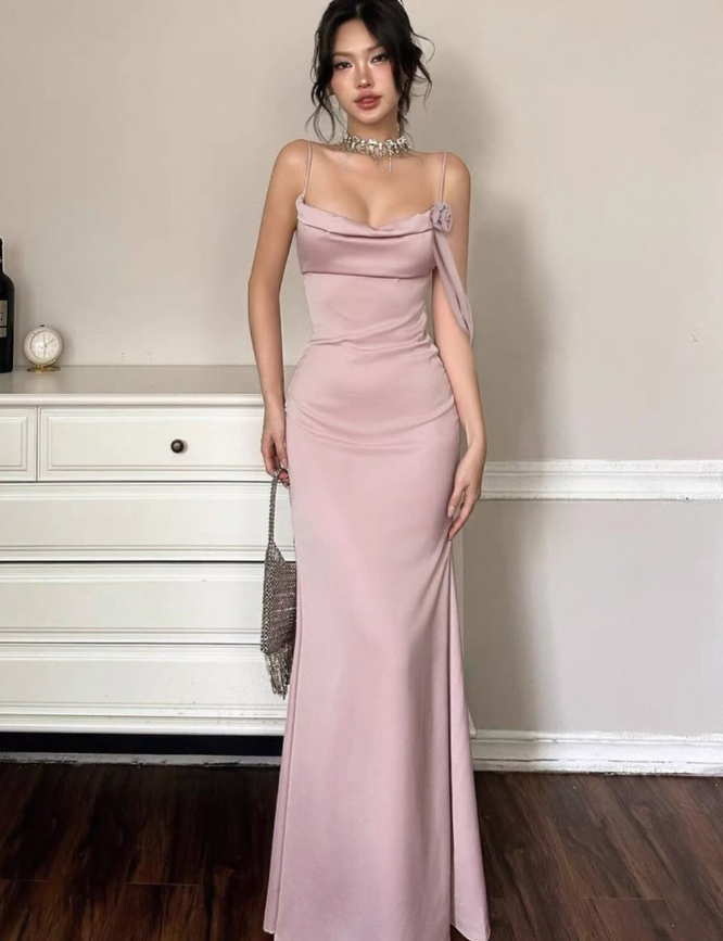 Gentle Mermaid Spaghetti Straps Pink Satin Prom Dress Party Dress Date Dress SH3965