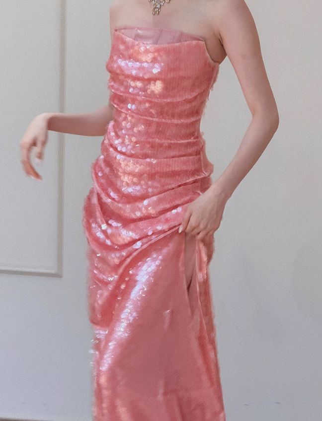 Gentle Pink Sheath Pleated Sequin Prom Dress Evening Dress 16th Birthday Dress SH4049