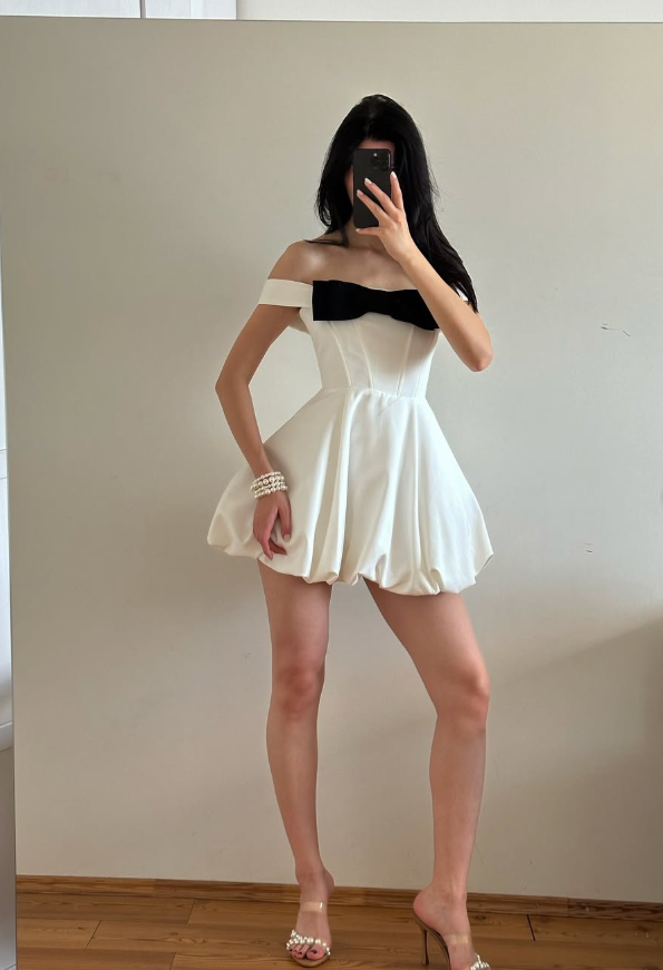 Cute Bow A Line Off the Shoulder White Satin Short Homecoming Dress Party Dress SH3959