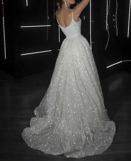 Shiny Spaghetti Straps Tulle Sequins Long Prom Dress Evening Dress Wedding Dress SH1483