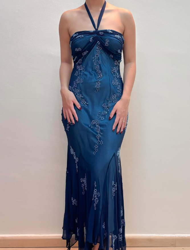 navy blue halter mermaid dress Azazie Tyra