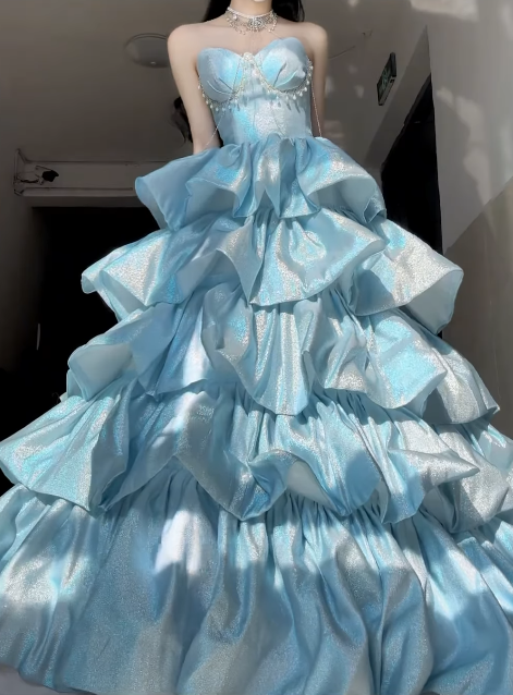 Dreamy Blue Ball Gown Sweetheart Neck Layered Sequin Prom Dress SH4571