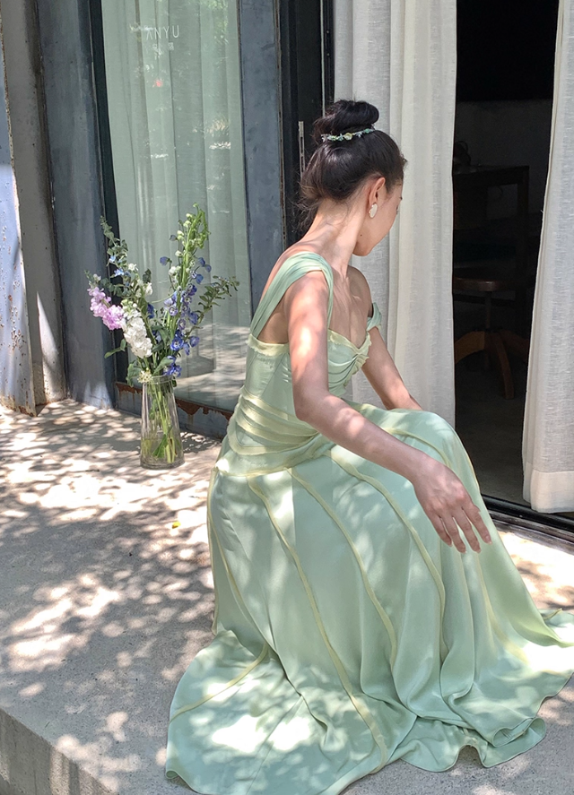 Elegant Green A Line Spaghetti Strap Chiffon Long Prom Dress Party Dress SH4036