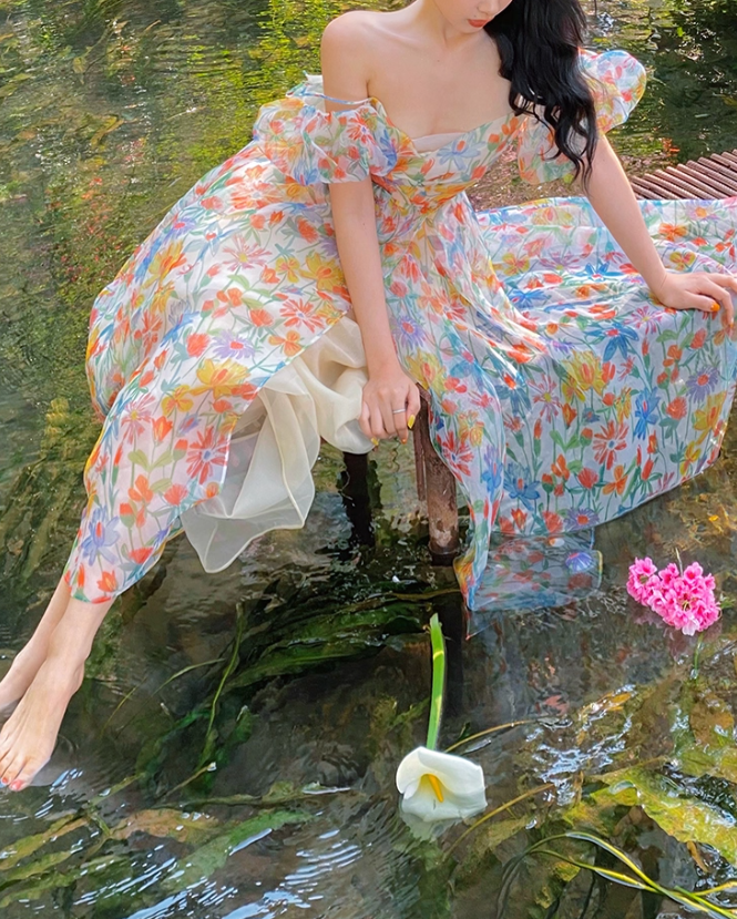 Unique Print Floral A Line Off the Shoulder Chiffon Long Prom Dress Party Dress SH4034