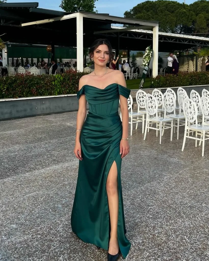 Emerald Sheath Off the Shoulder Corset Satin Long Prom Dress Evening Dress SH7318