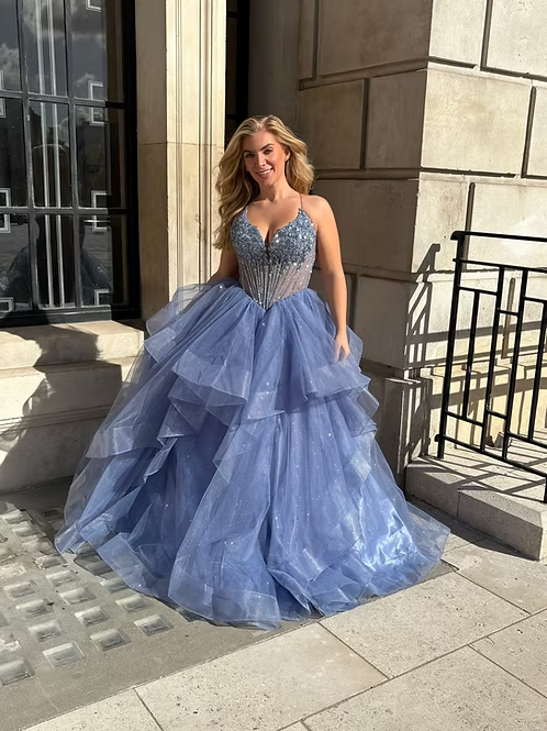Blue A Line Spaghetti Strap Beaded Corset Ruffle Tulle Long Prom Dress Evening Dress SH8828