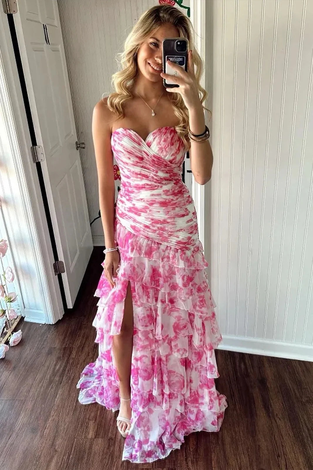 Gorgeous Mermaid Sweetheart Pink Long Party Dress with Ruffles SH8319