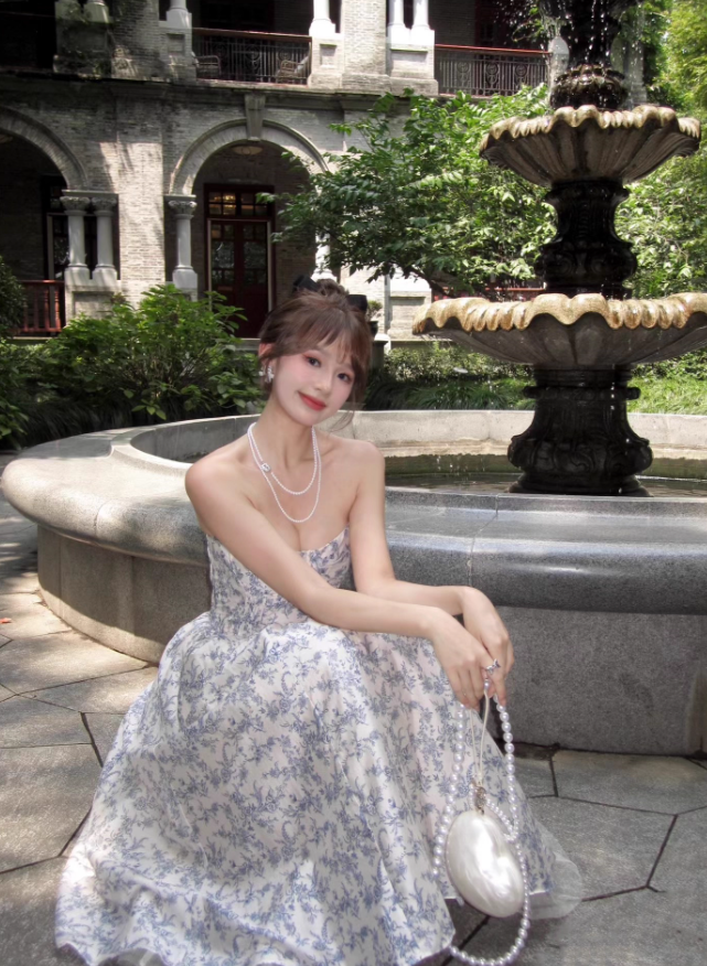 Blue A Line Sweetheart Neck Print Floral Satin Prom Dress 16th Birthday Dress SH3984