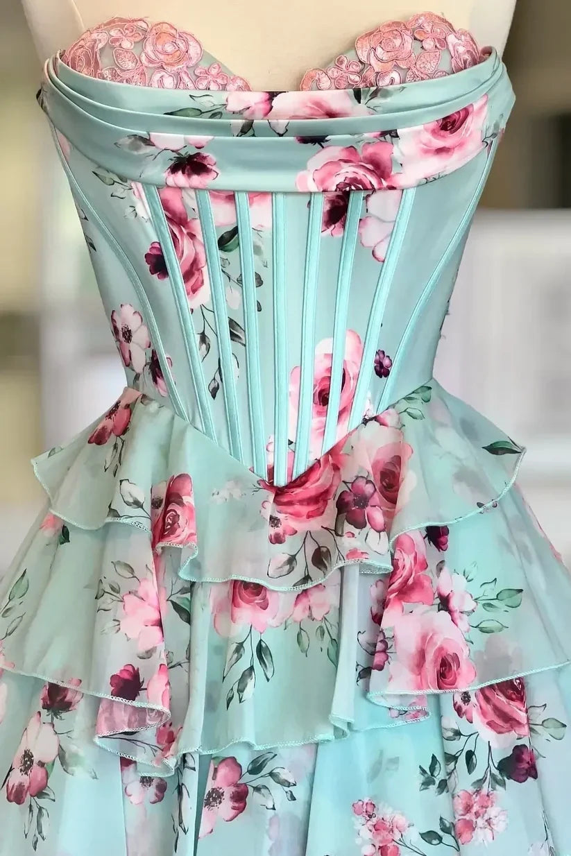 Pretty A Line Sweetheart Mint Green Corset Prom Dress with Appliques Ruffles SH7783