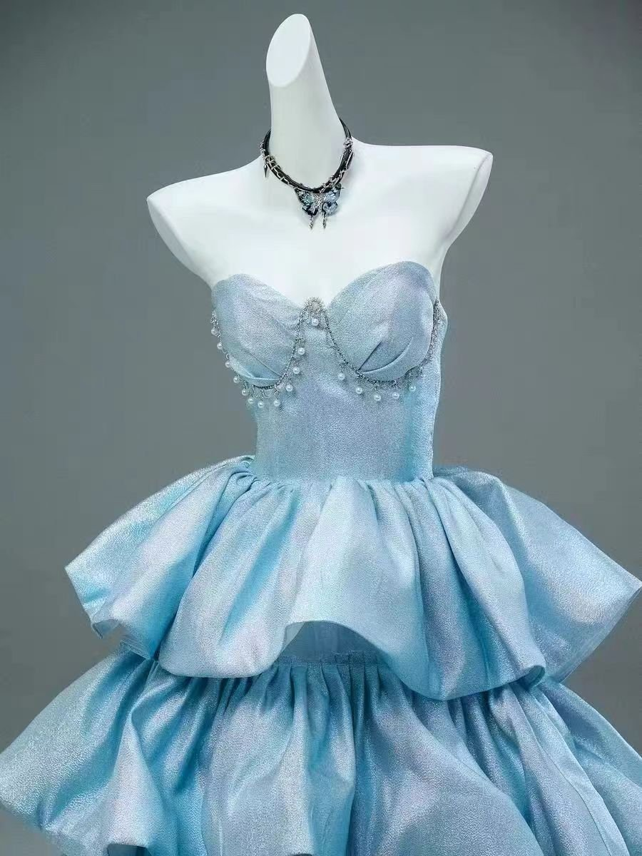 Dreamy Blue Ball Gown Sweetheart Neck Layered Sequin Prom Dress SH4571