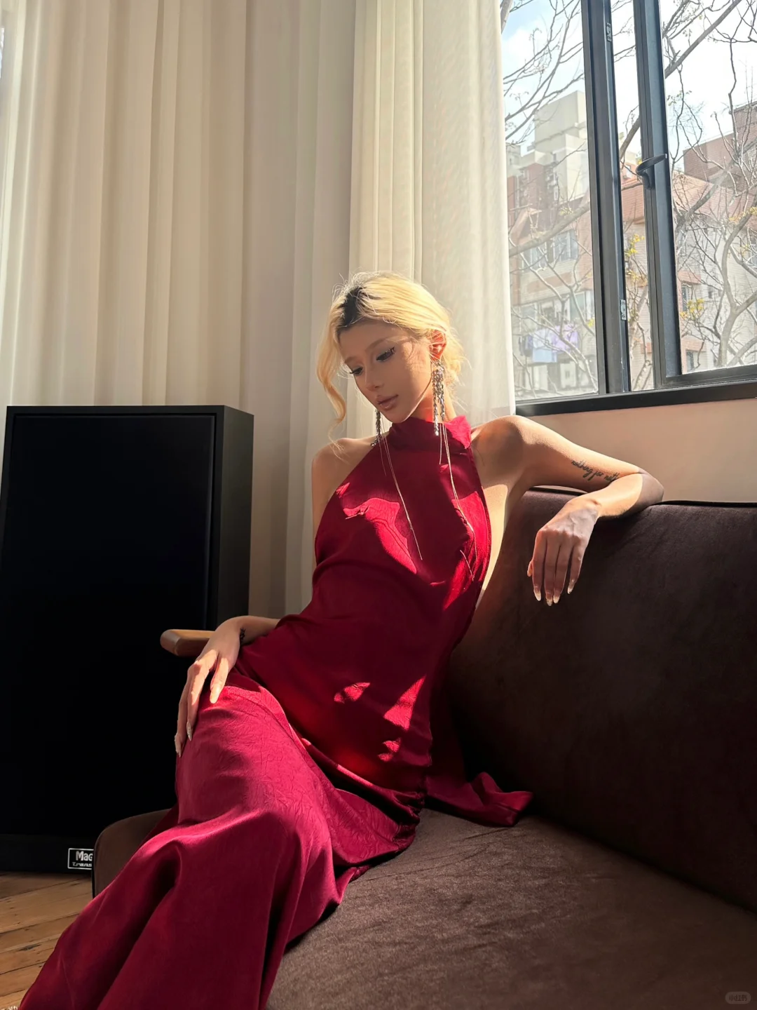 Sexy Burgundy A Line Halter Lace Satin Open Back Prom Dress Wedding Guest Dress SH4465