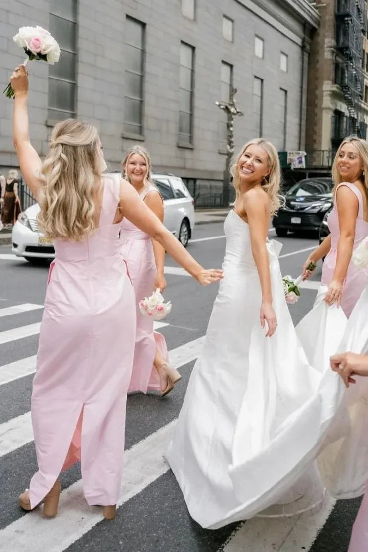 Pink Straps Sheath Square Neck Satin Sleeveless Long Bridesmaid Dress SH6288