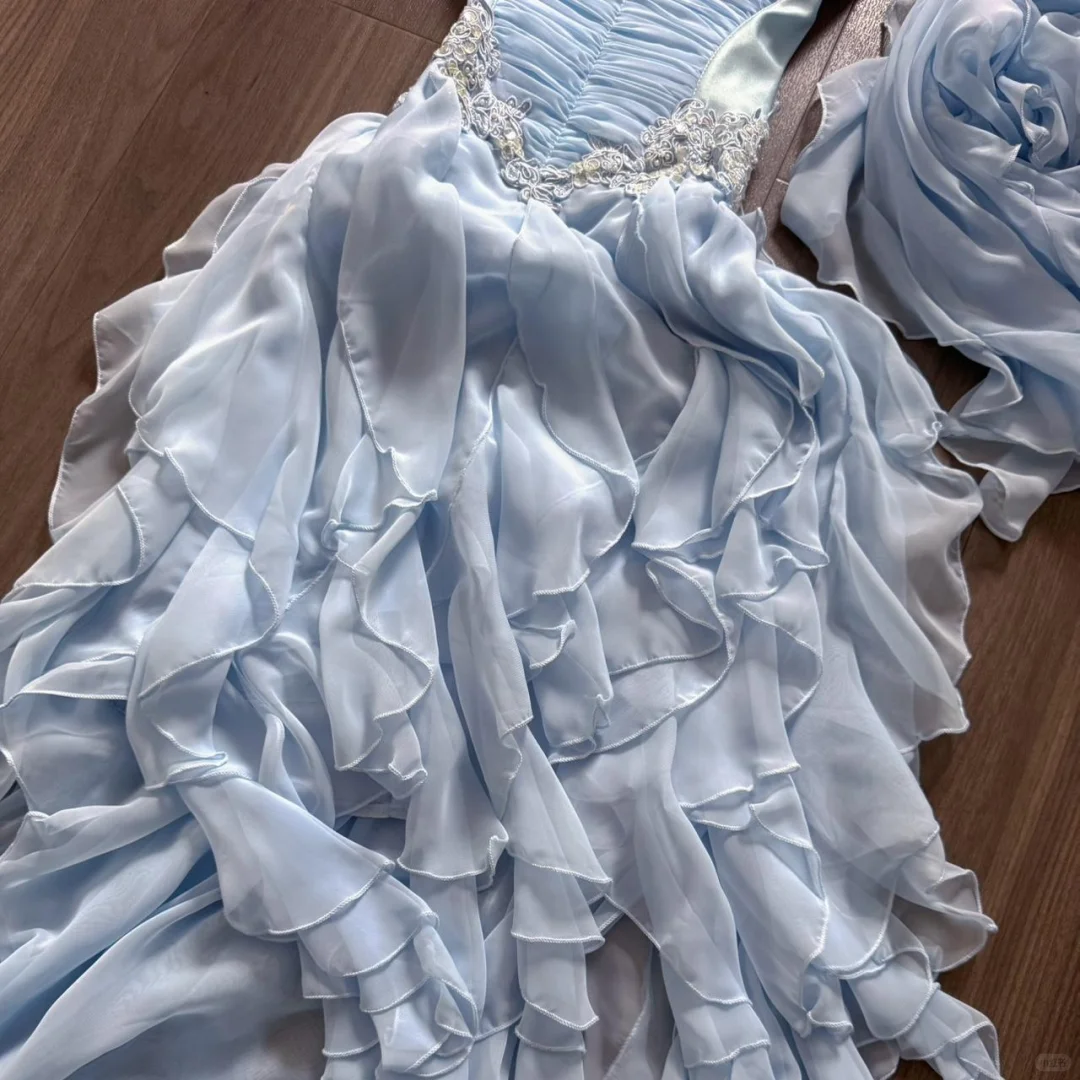 Baby Blue Dreamy A Line Sweetheart Neck Lace Ruffle Chiffon Evening Dress Party Dress SH3425