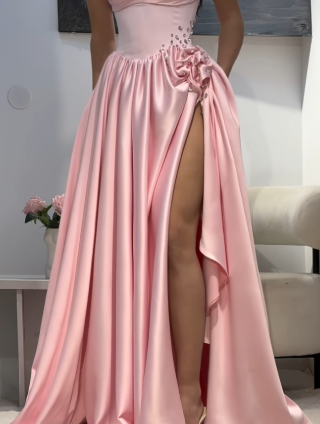 Pink A Line Sweetheart Neck Pleated Satin Prom Dress Wedding Guest Dress with Slit SH4439