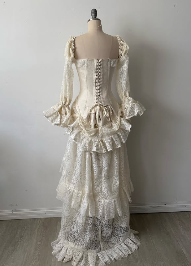 Vintage Apricot A Line Long Sleeve Layered Lace Long Prom Dress Party Dress SH5536