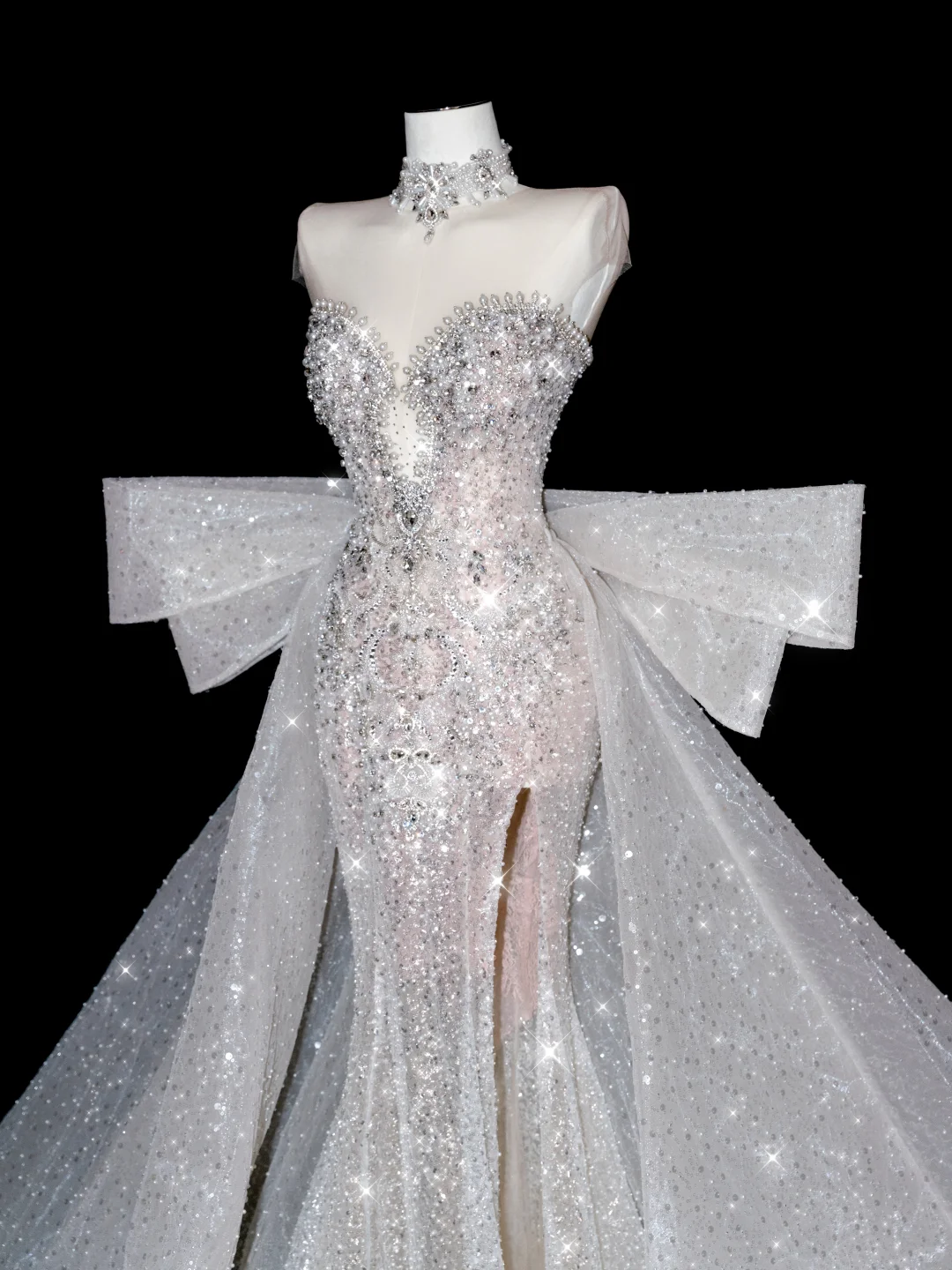Exquisite Dreamy Mermaid Beaded Pearl Sequin White Tulle Prom Dress Party Dress with Slit SH3492