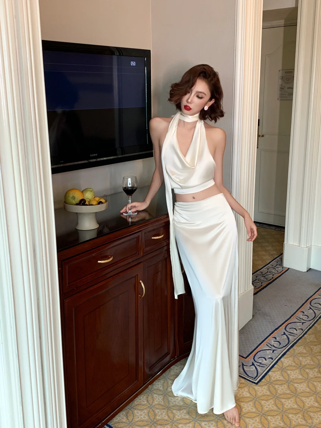 Two Piece Mermaid Halter Satin Open Back Long Prom Dress Vacation Dress SH4317