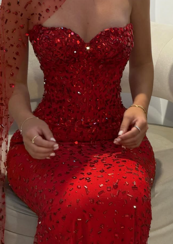 Sexy Red Sheath Strapless Beaded Tulle Prom Dress SH4567