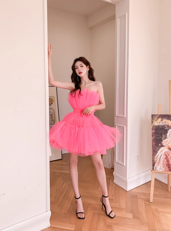 Barbie Pink A Line Strapless Tulle Short Outfit Party Dress Homecoming Dress Birthday Dress SH3528