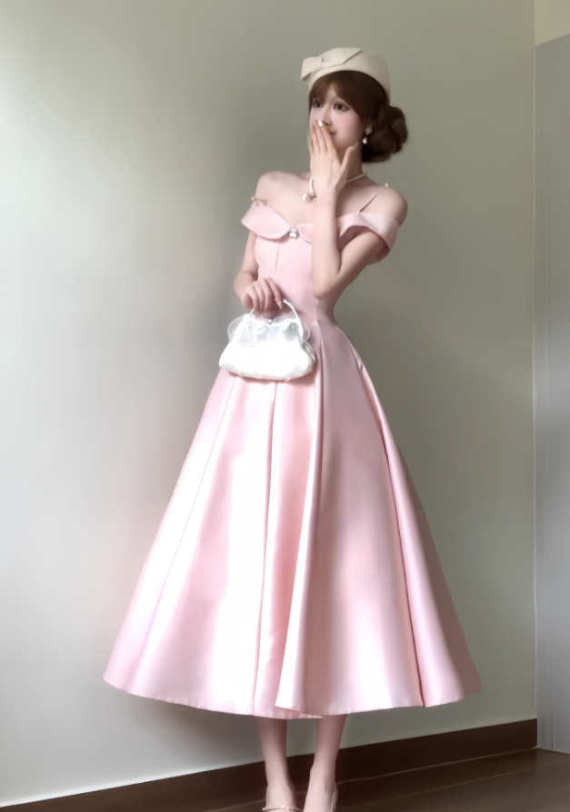 Princess Pink A Line Off the Shoulder Satin Long Party Dress Evening Dress SH3381
