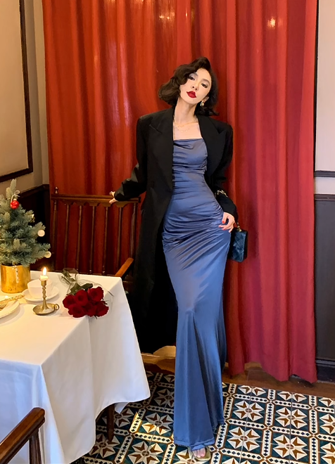 Simple Blue Mermaid Spaghetti Strap Satin Long Prom Dress Vacation Dress SH4316