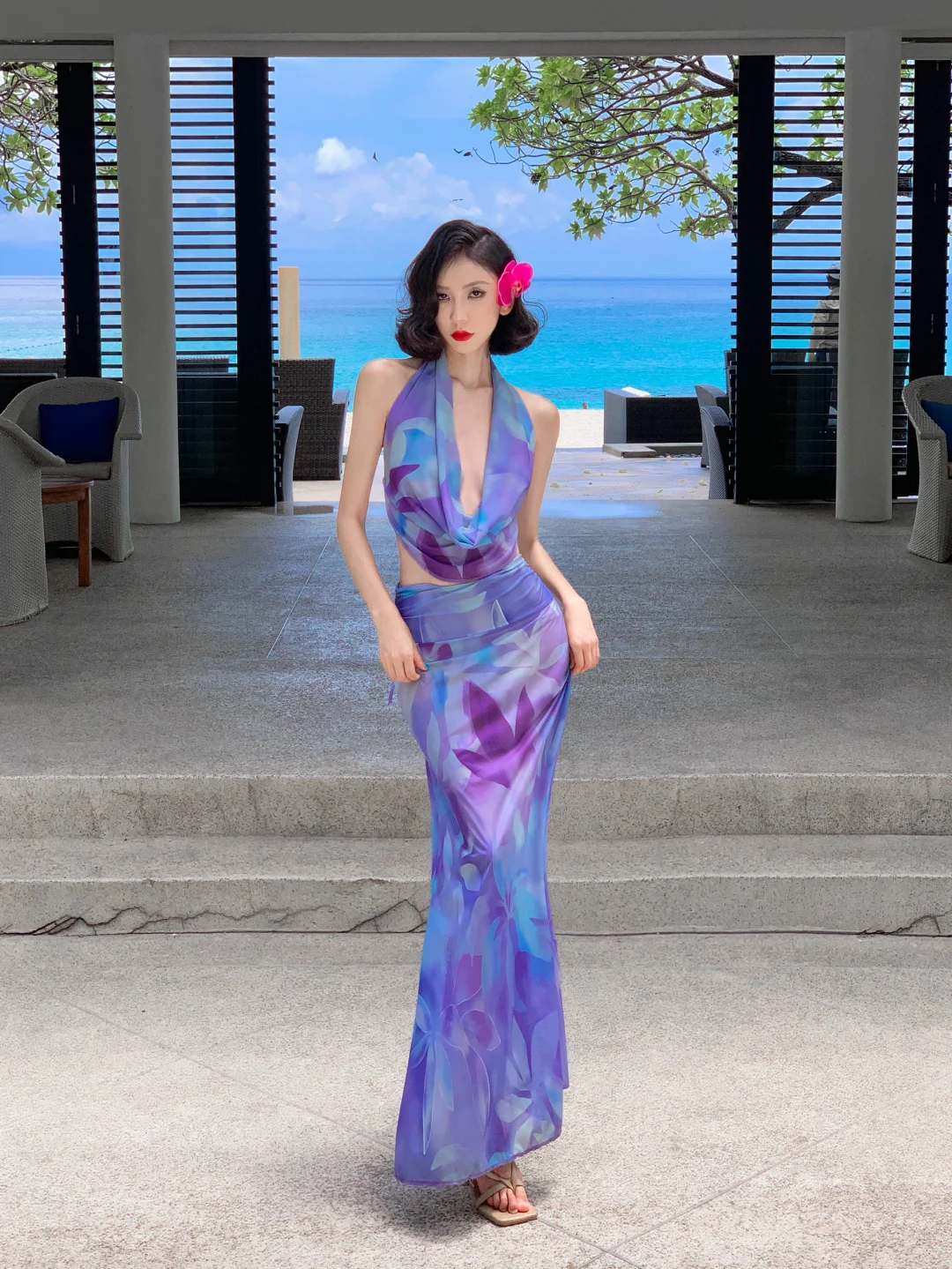 Two Piece Mermaid Halter Purple Print Floral Chiffon Long Prom Dress Outfits SH4332